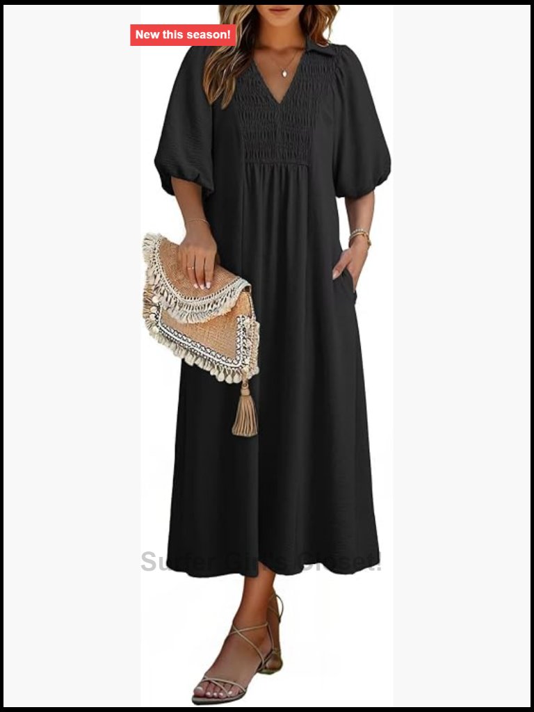 V Neck Puff Sleeve Empire Waist A-Line Maxi Dress With Pockets